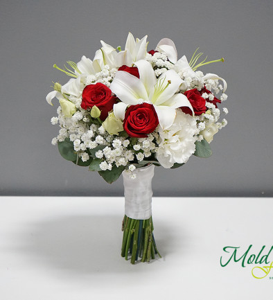 Bridal bouquet of white lilies, eustoma, red roses, and gypsophila photo 394x433